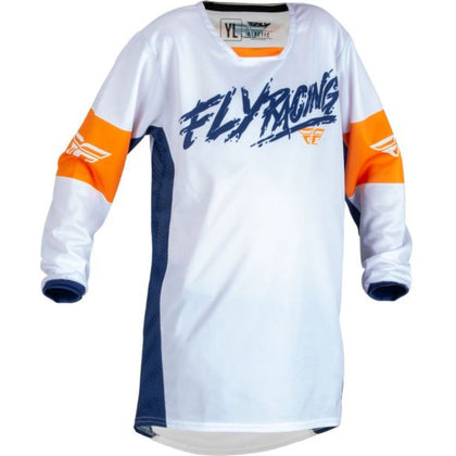 Off-Road-Kindershirt Fly Racing Youth Kinetic Khaos, Weiß/Blau/Orange, Large