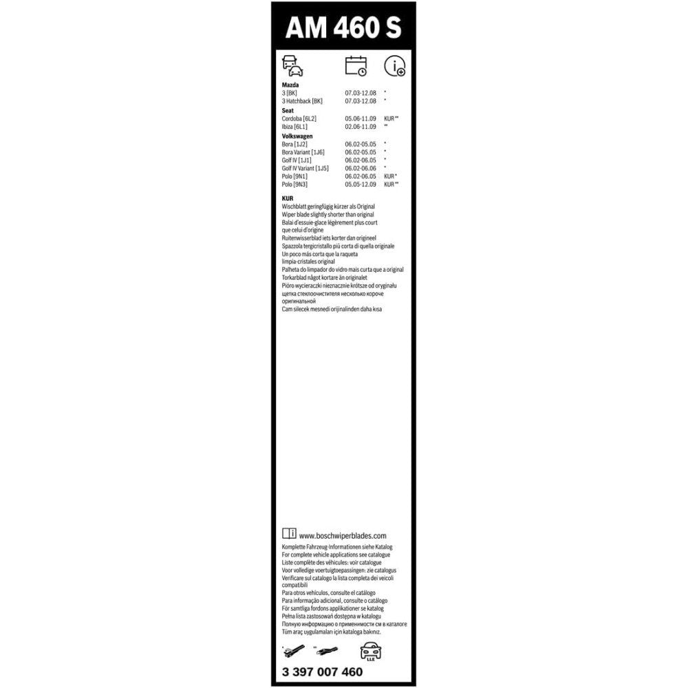 Windshield Wipers Bosch AM460S, 53/45cm, Mazda 3, Seat Cordoba, Ibiza, VW Bora, Golf, Polo