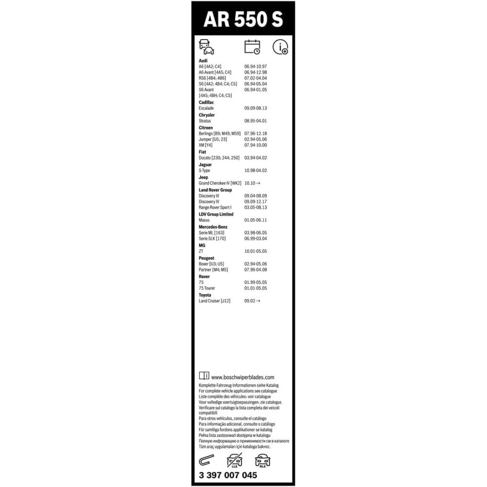 Windscreen Wipers Bosch AR550S, 55/53cm, Audi A6, Cadillac Escalade, Jaguar S-Type, Mercedes-Benz ML, SLK