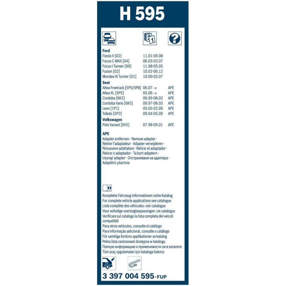 Rear Wiper Bosch H595, 28cm, Ford Fiesta, Focus, Mondeo, Seat Altea, Cordoba, Leon, Toledo, VW Polo
