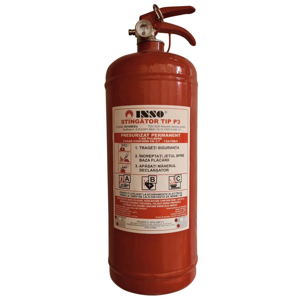 Fire Extinguisher with P3 Powder and Pressure Gauge Inso, 3kg
