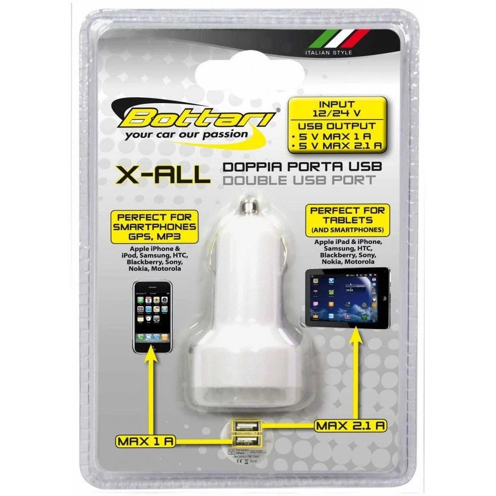 Double USB Port Bottari X-All, 12/24V, 2.1A